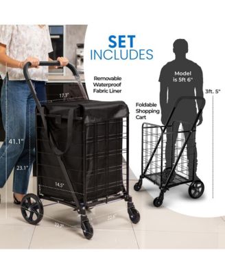 Folding Utility Cart with Liner, Heavy-Duty, 360&amp;#xB0; Swivel Wheels, 70 lb Capacity, Portable for Groceries, Laundry &amp; More (Blue)
