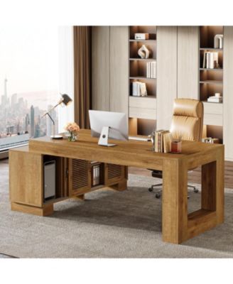 63-Inch L-Shaped Wood Executive Desk with Storage Cabinets & 2-Tier Shelf, Modern Business Workstation