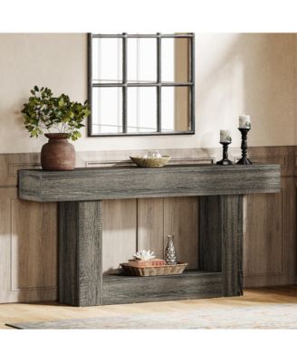 63-Inch Farmhouse Wood Console Table with U-Shaped Base, 2-Tier Narrow Sofa Table for Entryway & Living Room