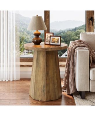 Farmhouse Round End Table, Wooden Couch Side Table with Octagonal Base