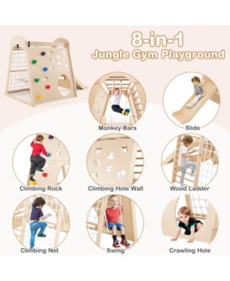 8-in-1 Indoor Jungle Gym Wooden Playground with Climbing Wall, Net, Ladder