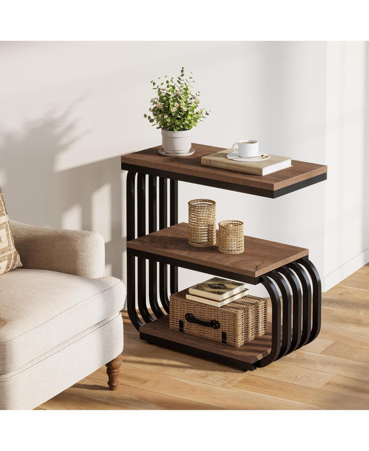 Tribesigns Small End Table, 3 Tier Design Accent Table with Metal Frame, Industrial Vintage Nightstand for Living Room, or Small Spaces (1, Brown)