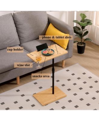 Adjustable Bamboo C-Shaped Couch Tray Table with 2-Tier Rectangle Design