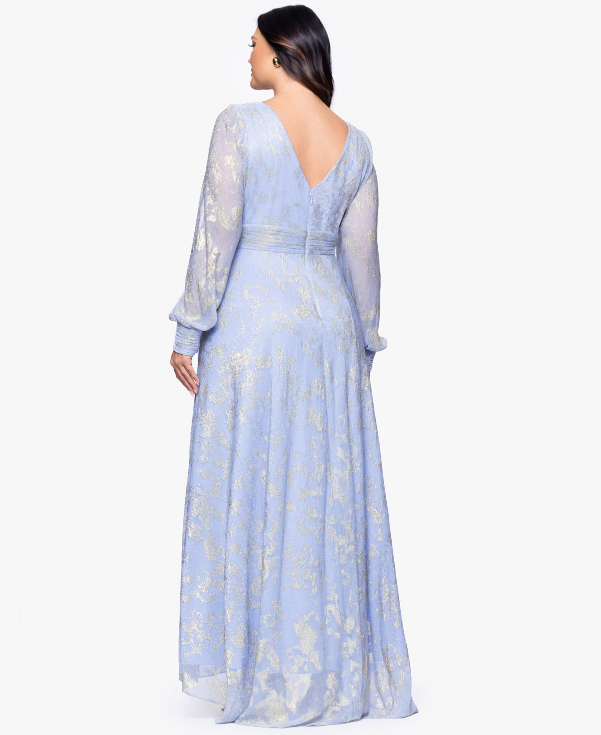 Betsy & Adam Plus V-Neck Foil Mesh A-Line Dress