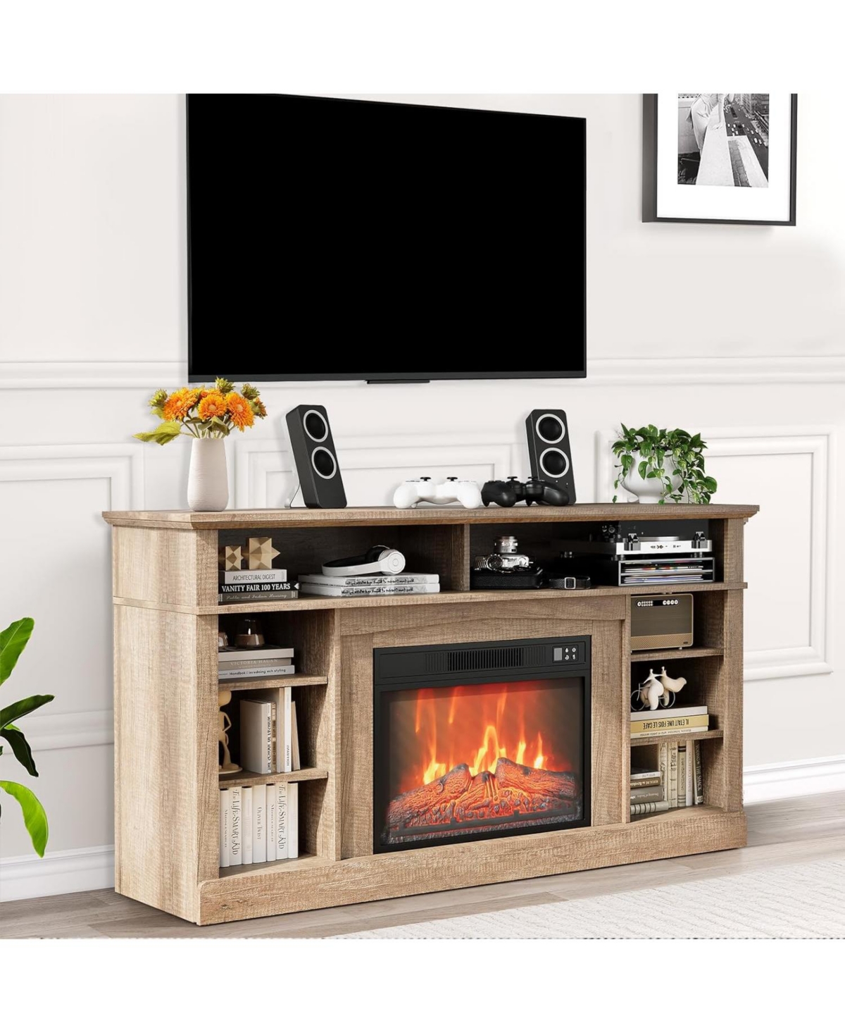gaomon Fireplace Tv Stand for 58" Tv, 23" Fireplace Insert with Remote, Led Flame, Timer, Media Console, Freestanding