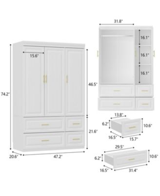 3-Door Big Wardrobe Armoires with Hanging Rod, 4-Drawers, Storage Shelves