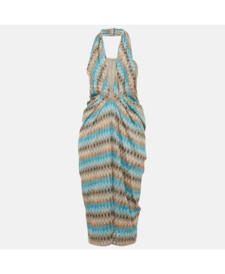 Women's Blue Patterned Knit Halter Neck Midi Dress