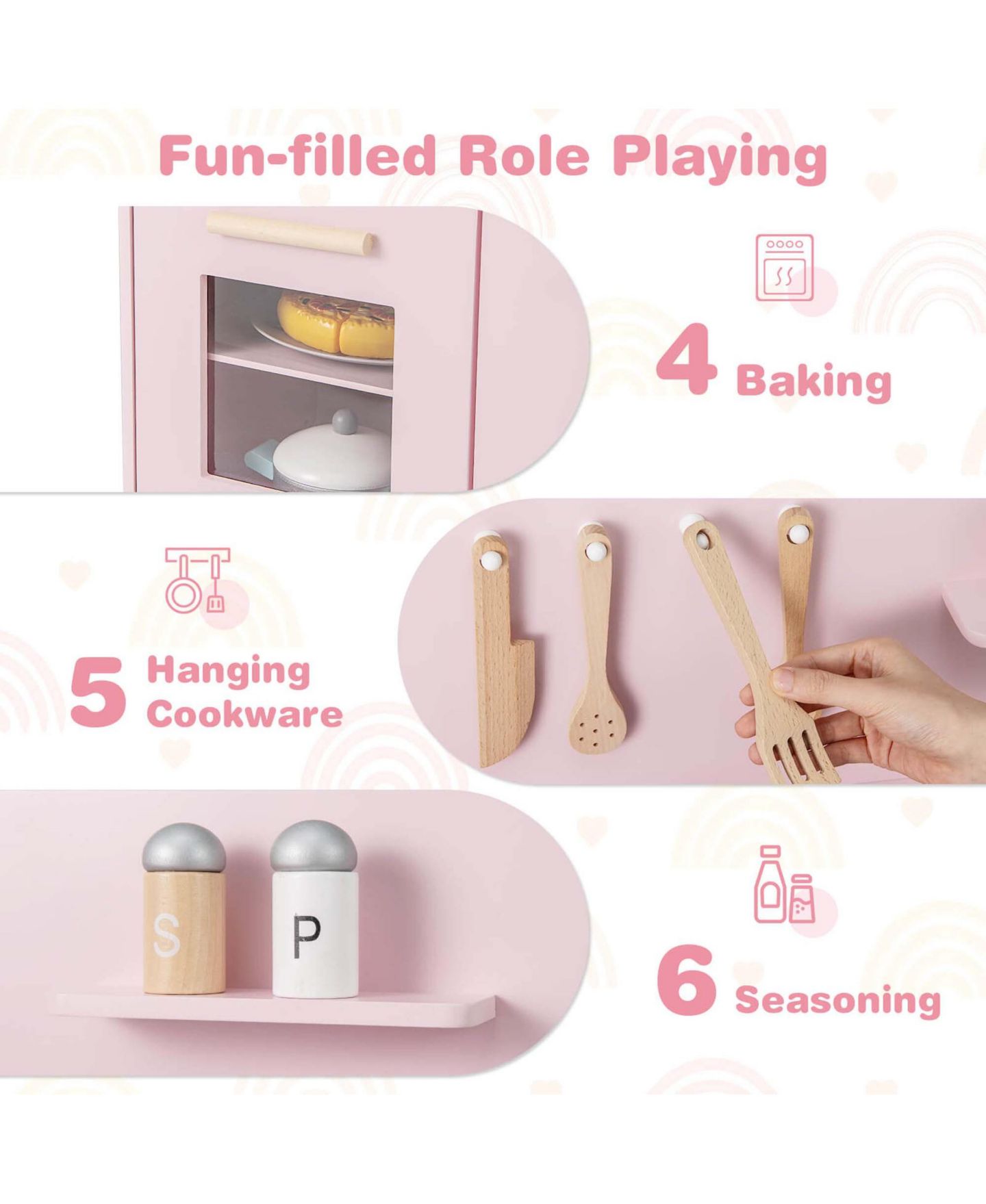 Детский игровой набор Costway Light-Up Cooking Sounds Wooden Kids Kitchen Playset, от 3 лет, цвет: Розовый — фото 6