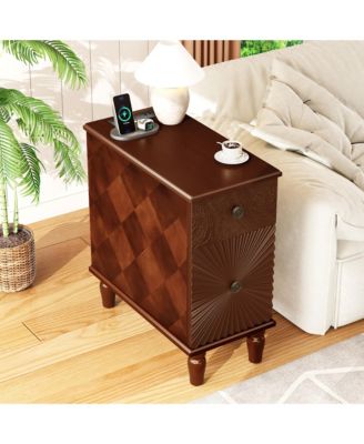 Modern Slim Side Table with 2 Drawers Narrow Nightstand