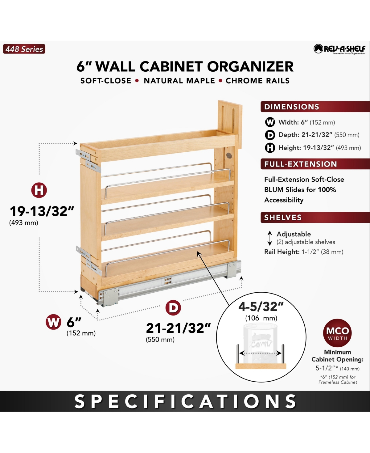 Rev-a-Shelf 5" Door/ Drawer Base Cabinet Organizer Soft-close, 448-bddsc-5C