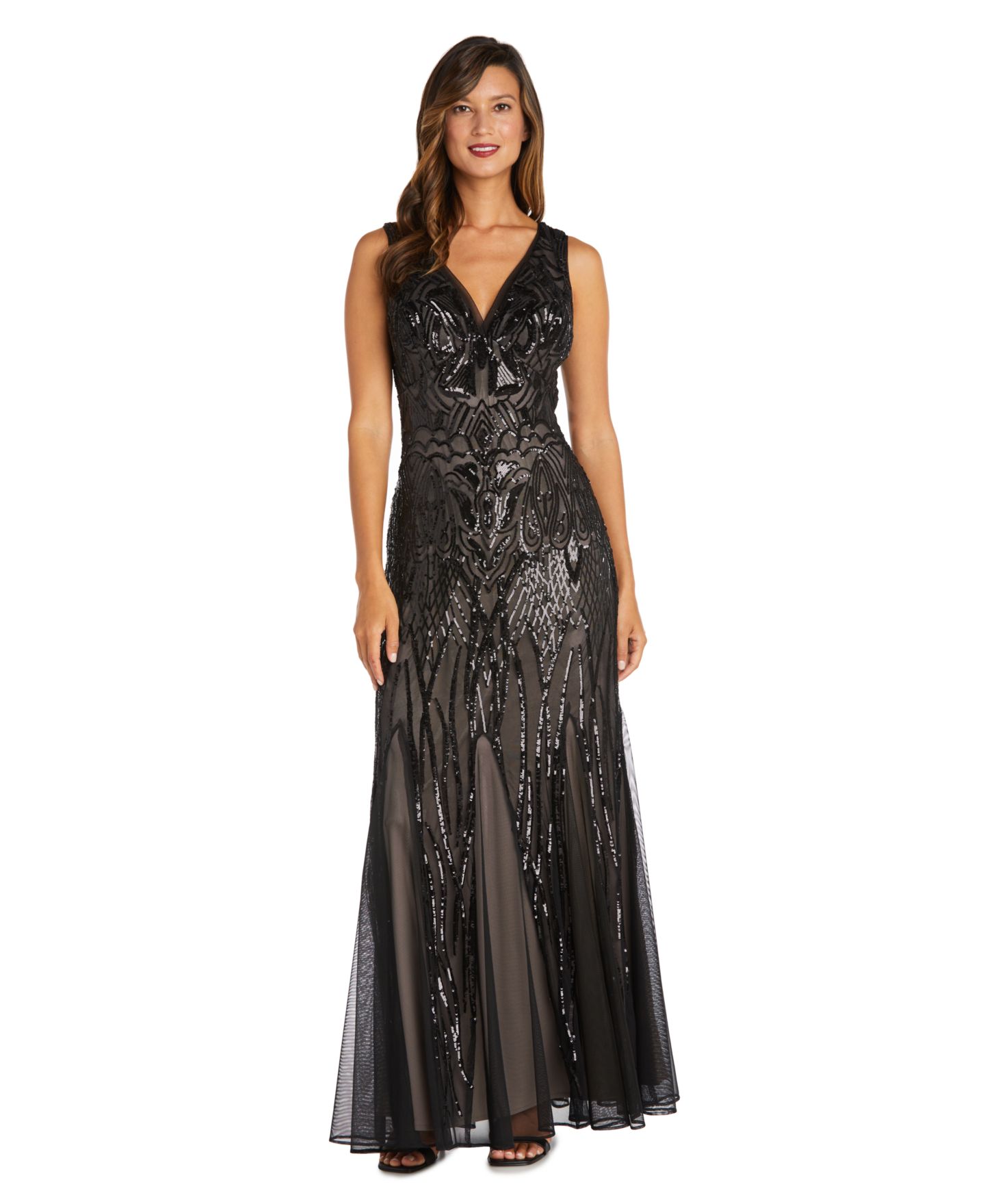 Женские платья R & M Richards Sequined V-Neck Godet Gown, цвет: Чёрный телесный — фото 1