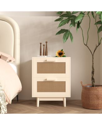 Burly Wood Nightstand 2 Faux Rattan Drawers Accent Table