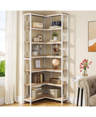 Corner Shelf, 7-Tier Industrial Corner Bookshelf, Wood and Metal Corner Etagere Bookcase, White