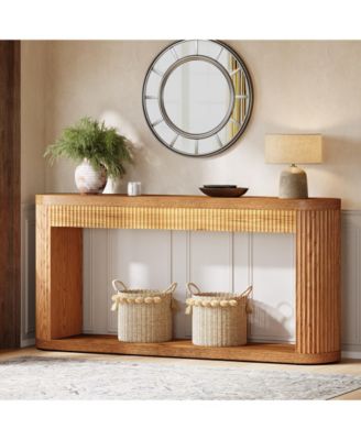 63 Inch Fluted Console Table for Entryway, Narrow Wood Sofa Table Behind Couch