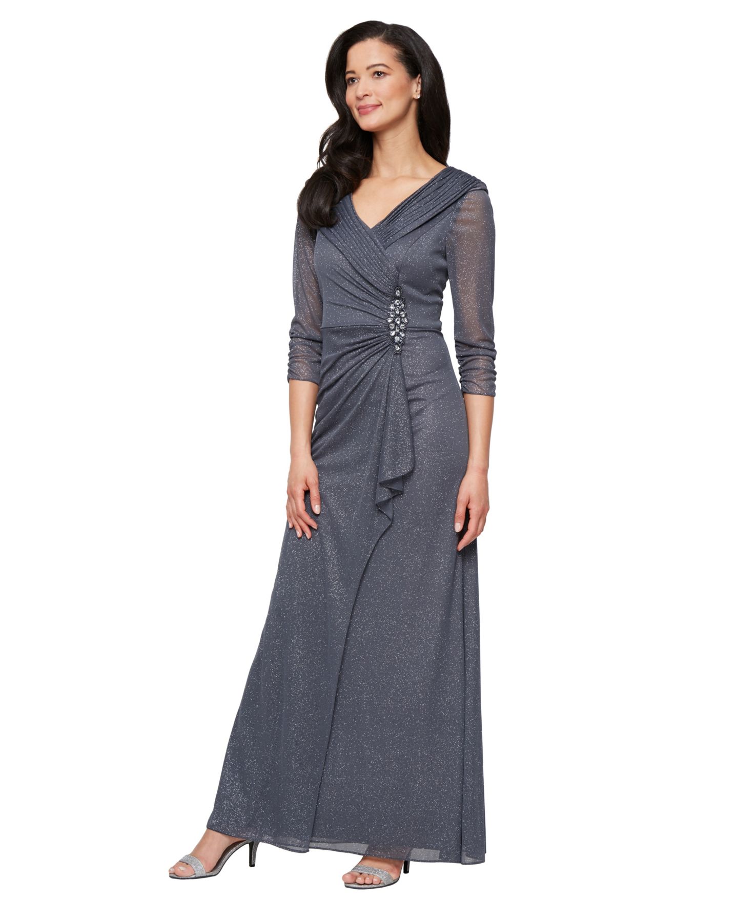Женское платье Alex Evenings Glitter Mesh Long V-Neck Gown, цвет: Дымчатый — фото 1