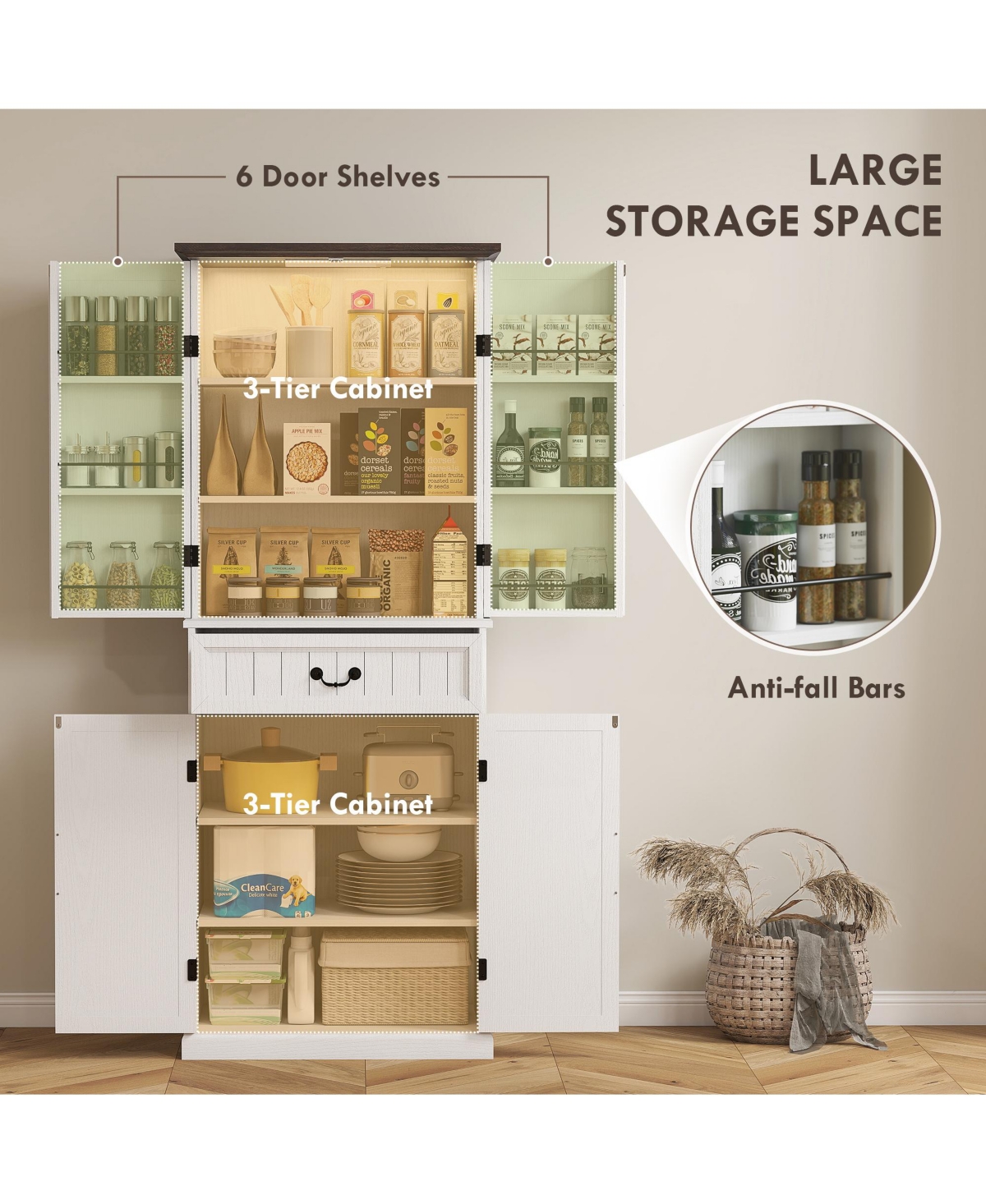 Homcom Farmhouse Kitchen Pantry Cabinet with Light, Storage Cabinet,