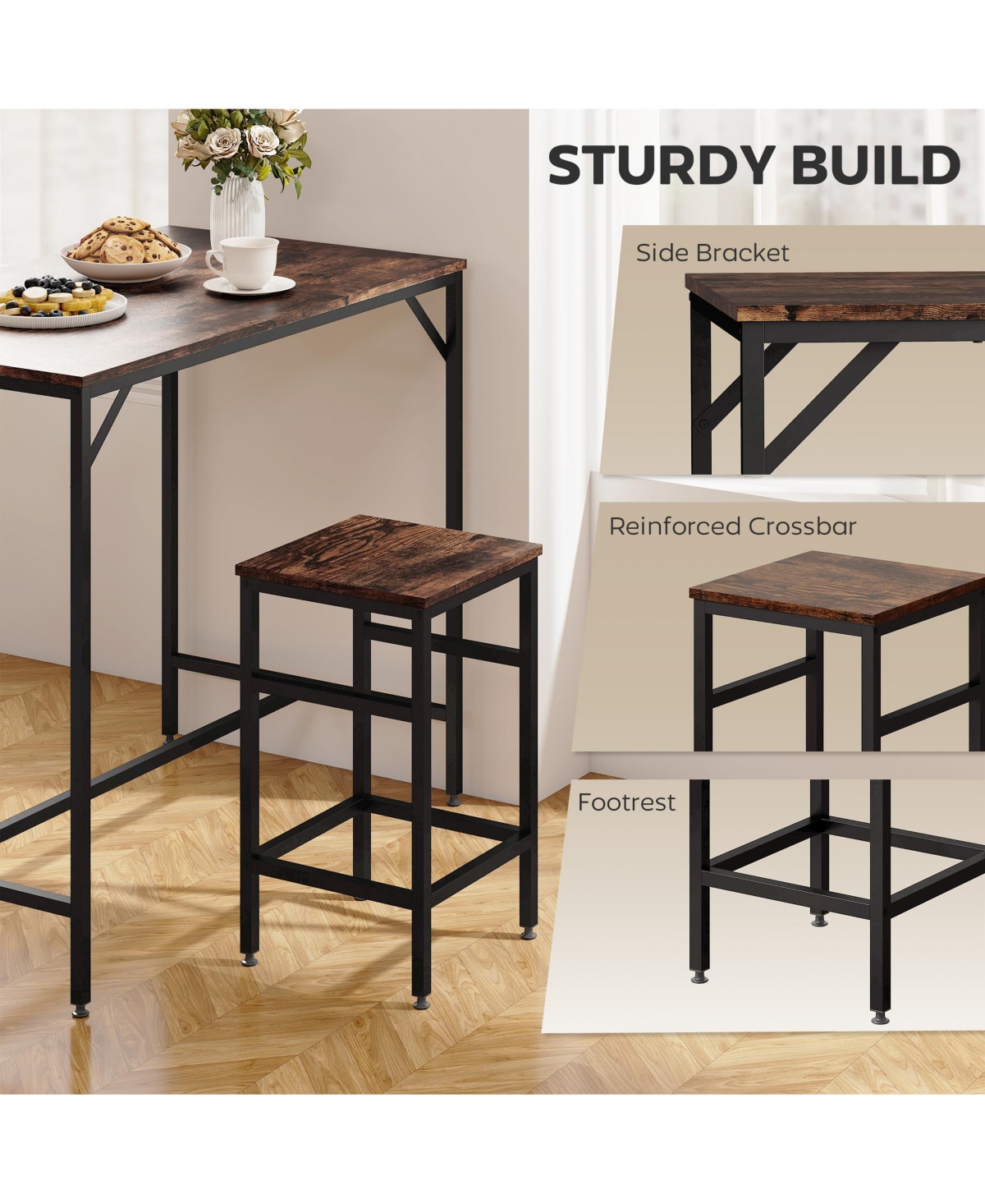 Homcom Wooden 4 Seater Dinner Tabletop Furniture Set with 4 Chairs & Steel Legs, Black