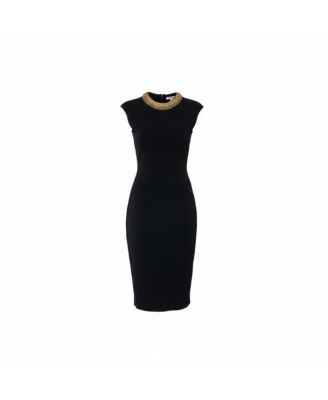 Knit Embellished Neck Detail Sleeveless Sheath Dress