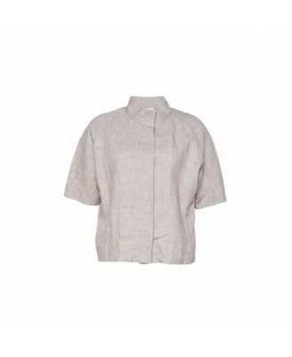 Women's Beige Linen Press Button Short Sleeve Top