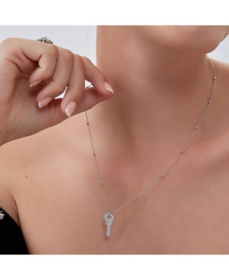 Key Pendant Necklace With Beaded Chain Sterling Silver