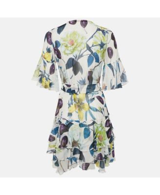 Women's Multicolor Floral Print Silk Ruffle Belted Dress