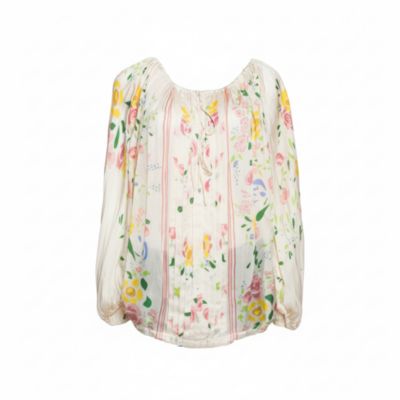 Women's Cream Floral Print Silk Sheer Kaftan Top
