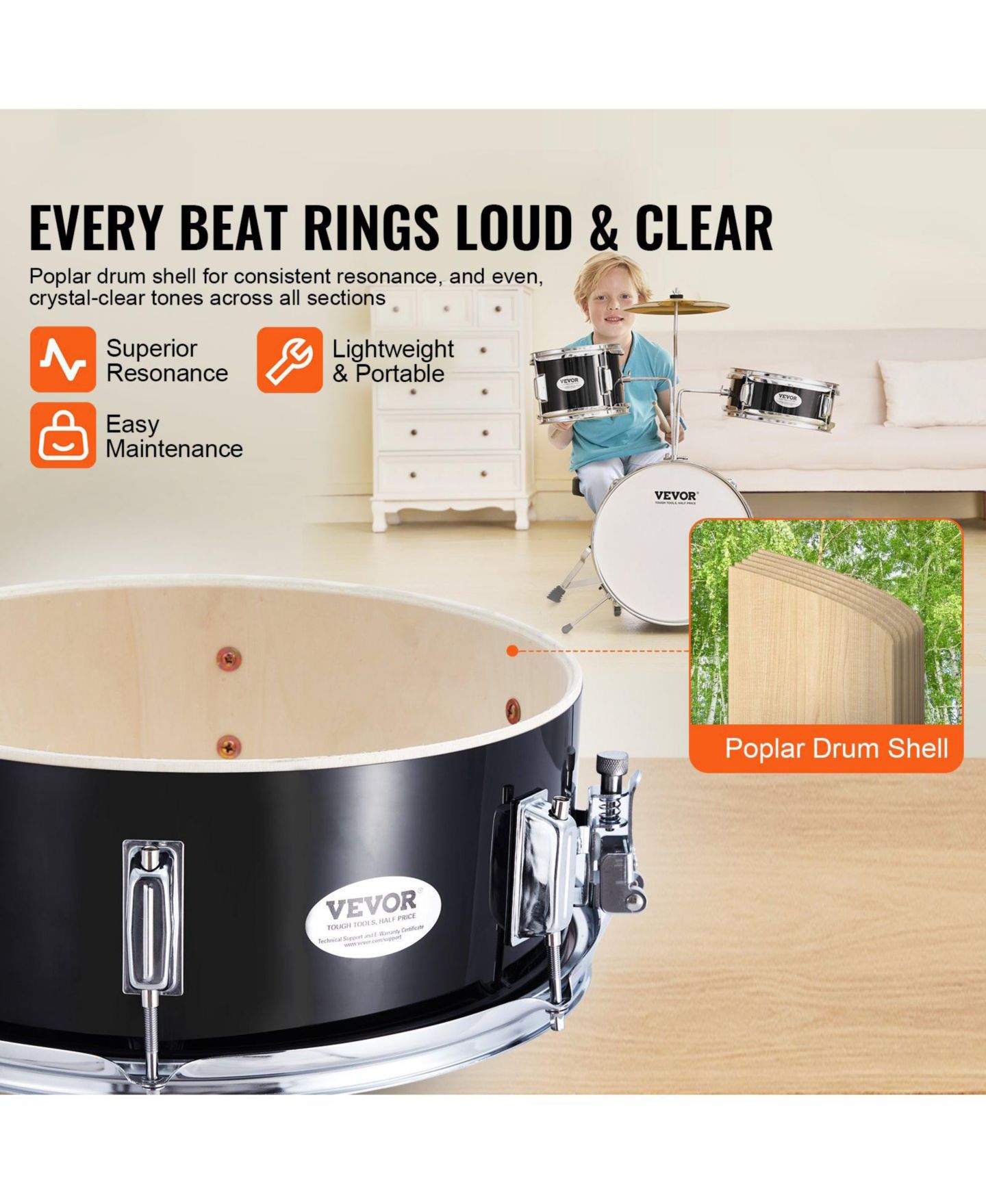 Детские игрушки SUGIFT Givimo Beginner Rhythm-Building Acoustic 3-Piece Drum Set, Ages 6+, цвет: Чёрный — фото 5