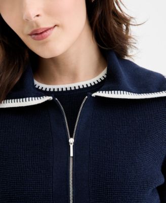 Women's Tipped Collared Zip-Up Cardigan, Macy's Exclusive