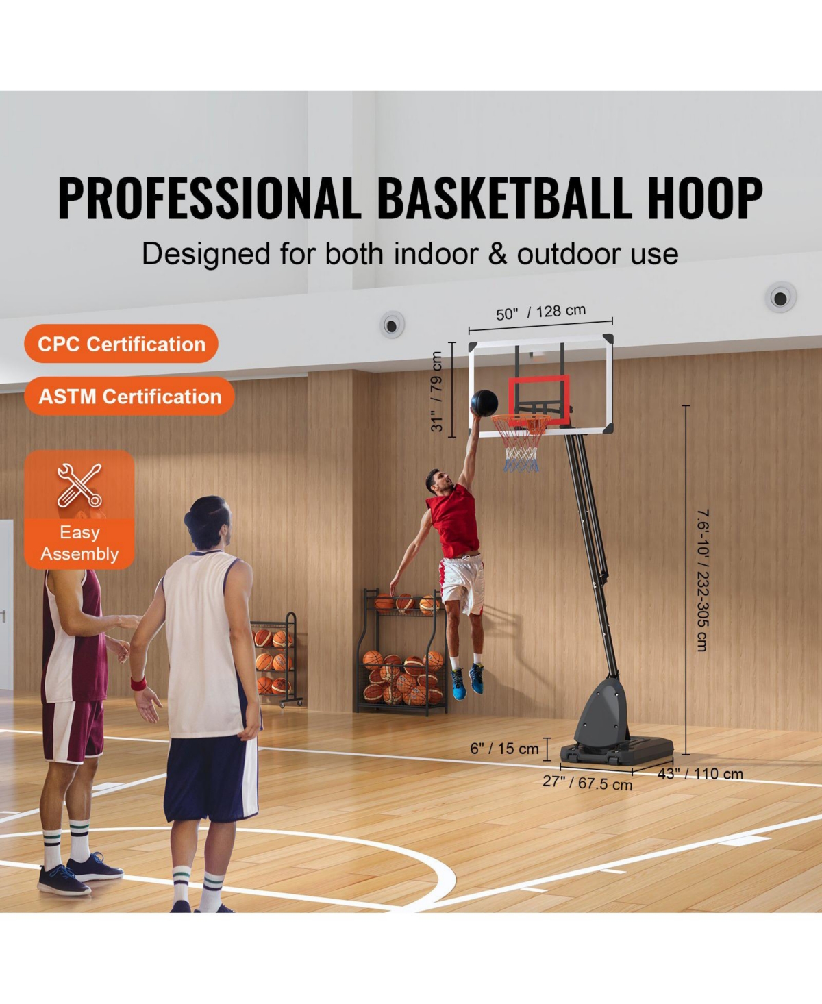 Mecale 50-Inch Adjustable Basketball Hoop, 7.6–10 ft Portable Backboard System with Wheels and Fillable Base