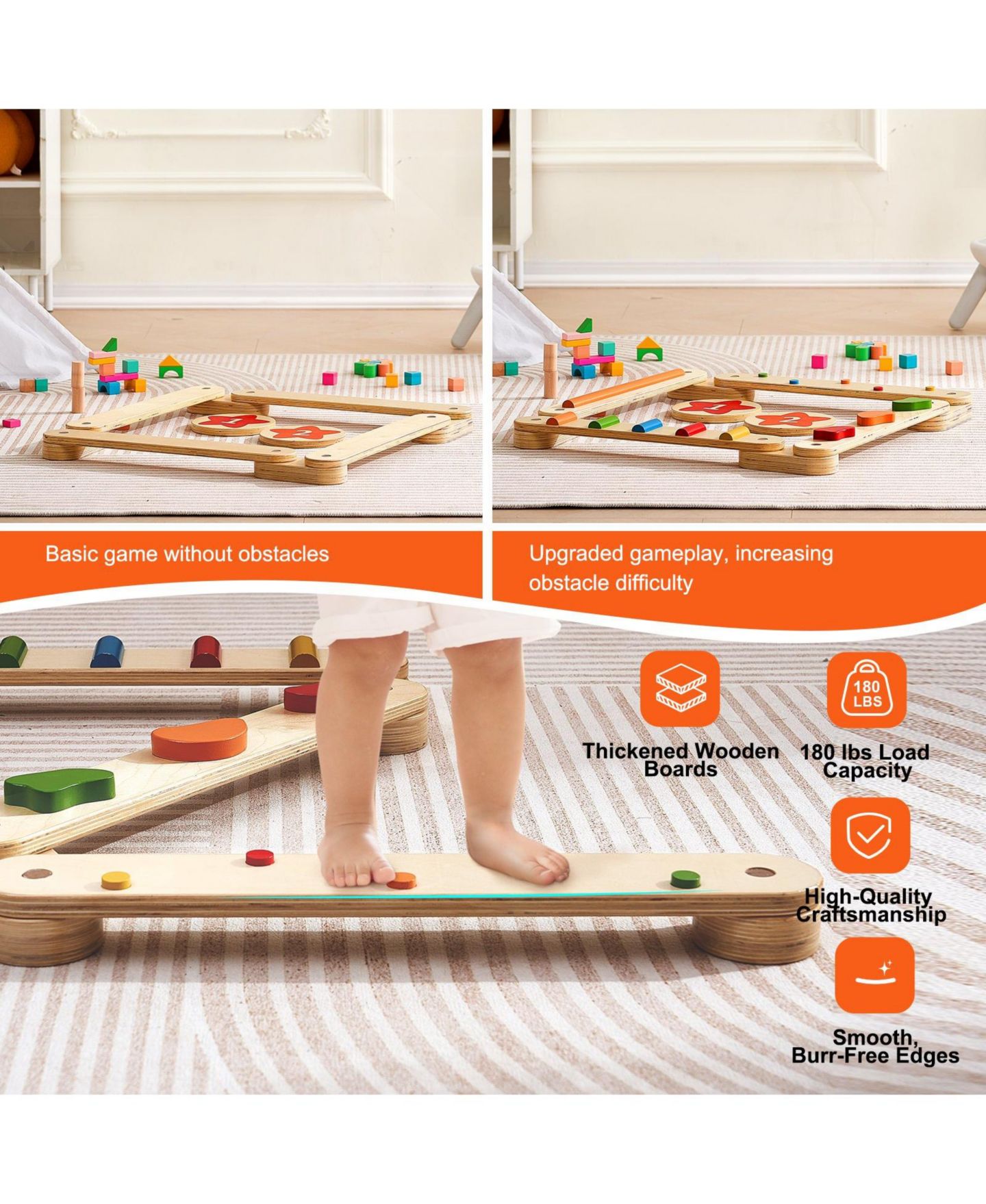 Детские игрушки HONGGE Kids Wooden Balance Beam and Stepping Stones Obstacle Course Set, 6-Piece, Ages 2+ — фото 9