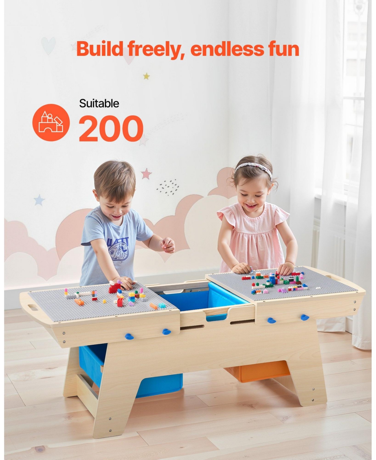 Multi-Activity Wooden Table with 200 Building Bricks & 3 Storage Bins