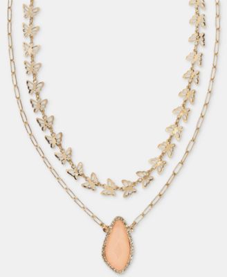 Gold-Tone Pink Stone Butterfly Layered Necklace, 16" + 3" extender