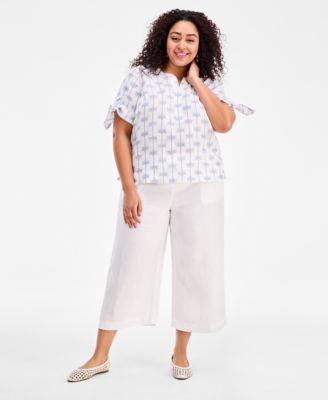 Plus Size Woven Linen King Street Palm Tie-Sleeve Top