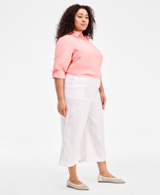 Plus Size Woven Linen Cropped Wide-Leg Pants