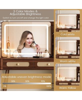 47" Vintage Makeup Vanity with Mirror and Lights, Makeup Vanity Desk with 5 Drawers and Storage Shelf, Rattan Drawer Design