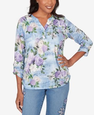 Women's Petite Hilton Head Denim Floral Applique Henley Top