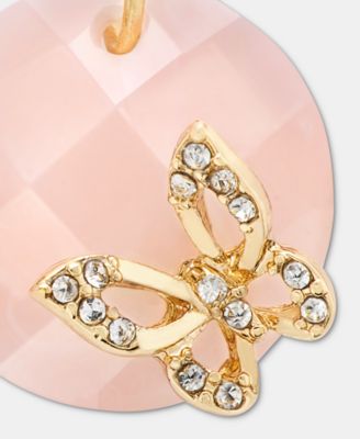Gold-Tone Butterfly Pav&eacute; Pink Stone Bead Drop Earrings