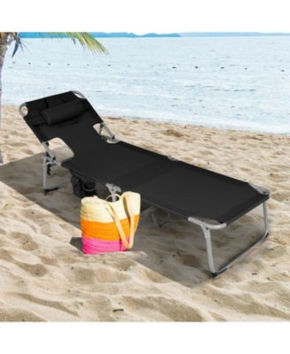SUGIFT Black Folding Beach Lounge Chair with Pillow for Outdoor