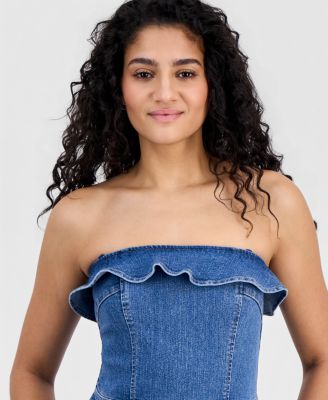 Juniors' Ruffled Strapless Wide-Leg Jumpsuit