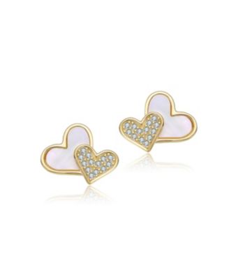 Sterling Silver 14K Gold Plated with White Mother of Pearl & CZ Stones Accents Heart Stud Earrings