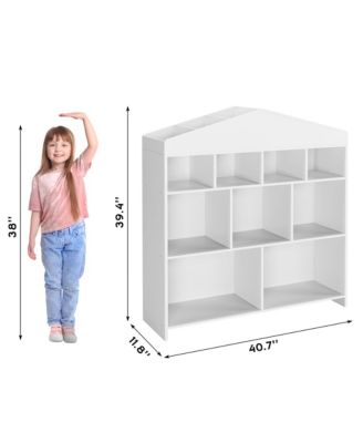 Kids Bookshelf with 9 Storage Cubbies, Wooden Dollhouse Bookcase & Toy Organizer for Playroom or Bedroom
