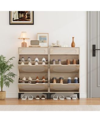 Shoe Cabinet, Rattan Shoe Storage With 2 Flip Drawer and 1 Pull-Out Drawer, Heavy Duty Metal Leg