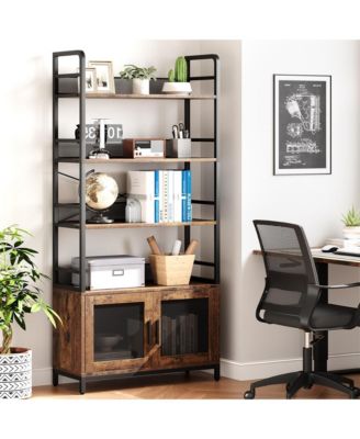 Bookshelf with Doors Industrial Bookcase with 4 Tiers Open Storage Shelf Rustic Bookshelves