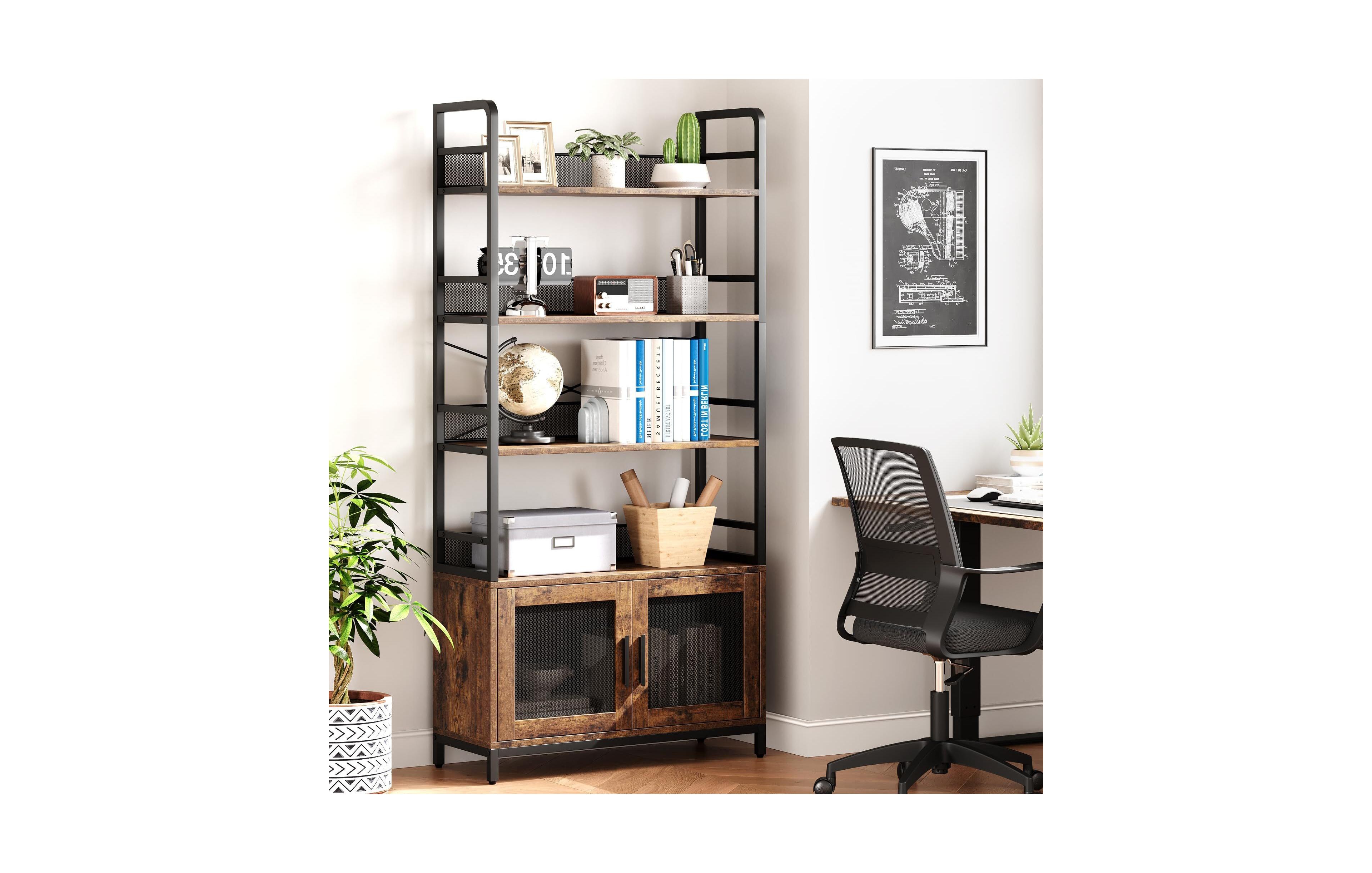gaomon Bookshelf with Doors Industrial Bookcase with 4 Tiers Open Storage Shelf Rustic Bookshelves