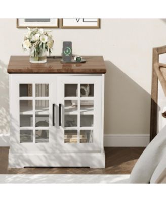 Farmhouse Nightstand with Charging Station, 24-Inch End Table with Tempered Glass Doors & Adjustable Shelf, Rustic Wood Sofa Side Table