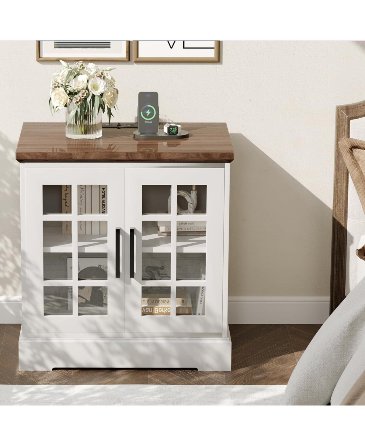 gaomon Farmhouse Nightstand with Charging Station, 24-Inch End Table with Tempered Glass Doors & Adjustable Shelf, Rustic Wood Sofa Side Table