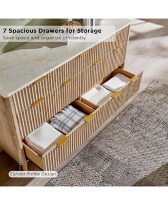 54" Wide Modern Fluted 7-Drawer Wood Dresser with Faux Marble Top, TV Stand and Drawer Organizer