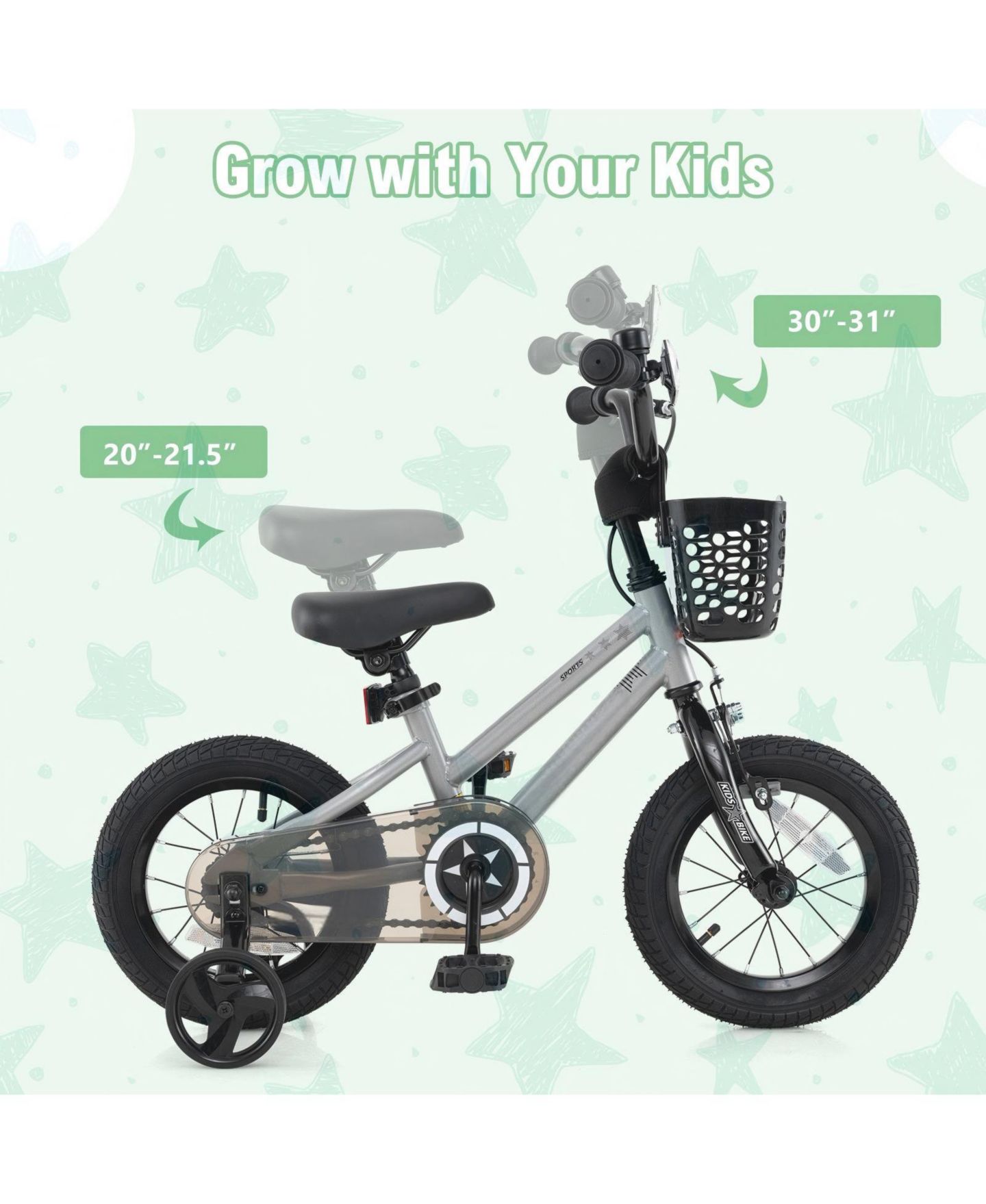 Детская игрушка HONGGE Metal Adjustable Dual-Brake Training Bike with Front Basket, Ages 4-8, цвет: Серебряный — фото 3