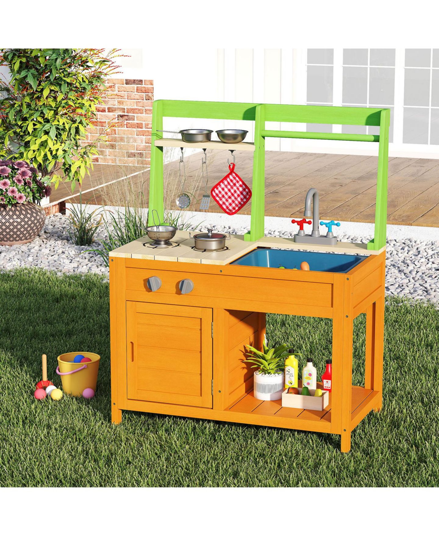 Детский игровой набор HONGGE Outdoor Wooden Mud Kitchen Playset With Sink and Stove, Ages 3+, цвет: Натуральный — фото 3