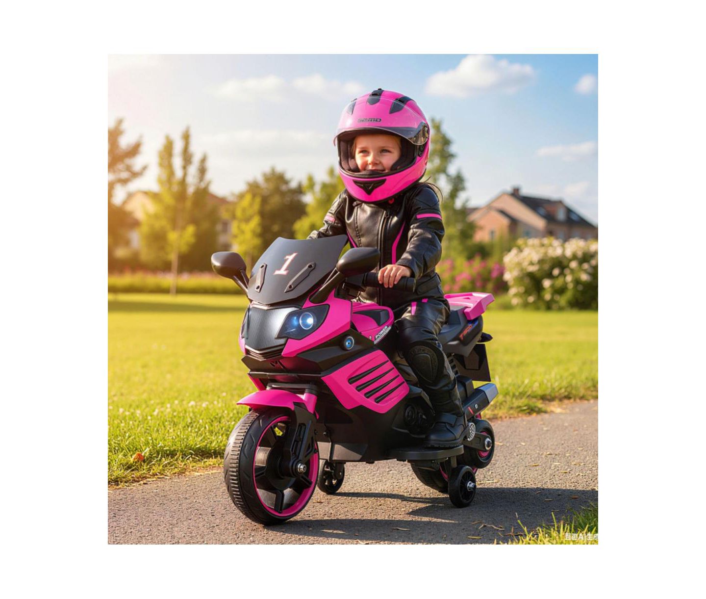 Детская игрушка HONGGE 6V Kids Motorcycle with Headlights Music and Training Wheels, цвет: Розовый — фото 5